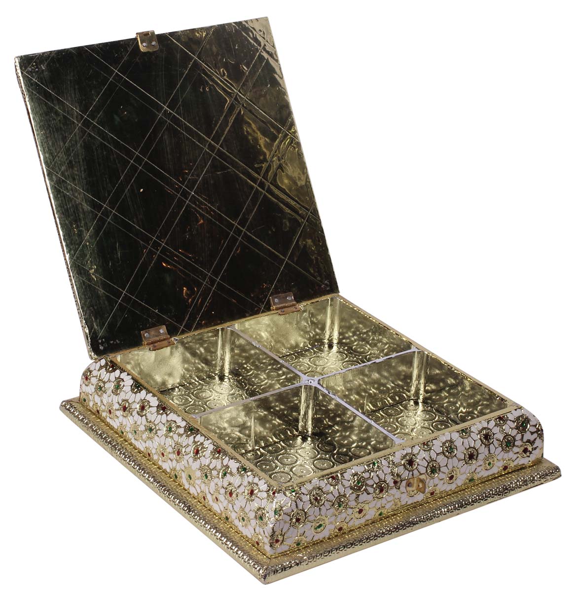 10” Spice Container / Dry-Fruit Holder / Tea Box in Brass & Aluminum Sheet - Square Antique-Look Box with Metal Work - Dining Table / Kitchen Essentials - Buy in Bulk Wholesale